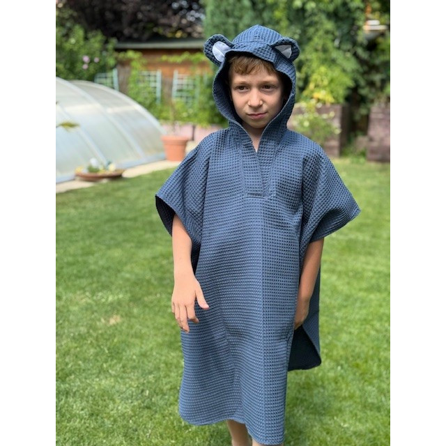 Detské letné pončo s kapucňou a uškami indigo