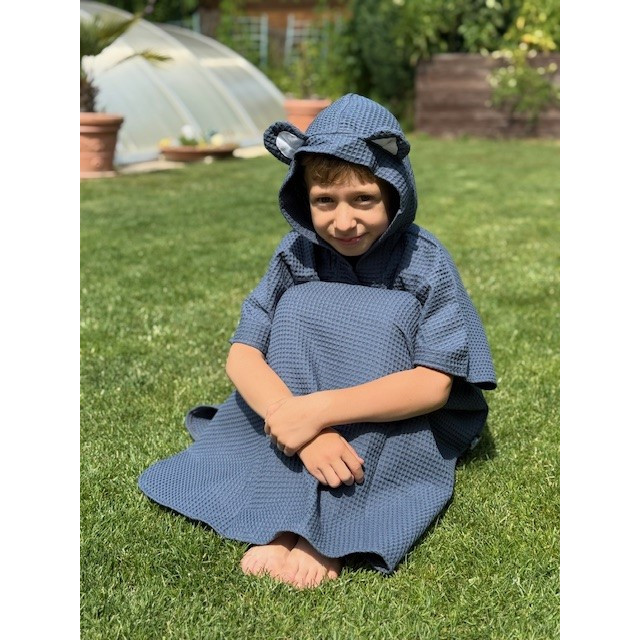 Detské letné pončo s kapucňou a uškami indigo