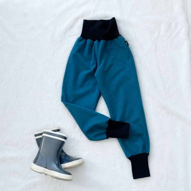 Detské zateplené softshellové nohavice s čiernym patentom petrolejové melírové