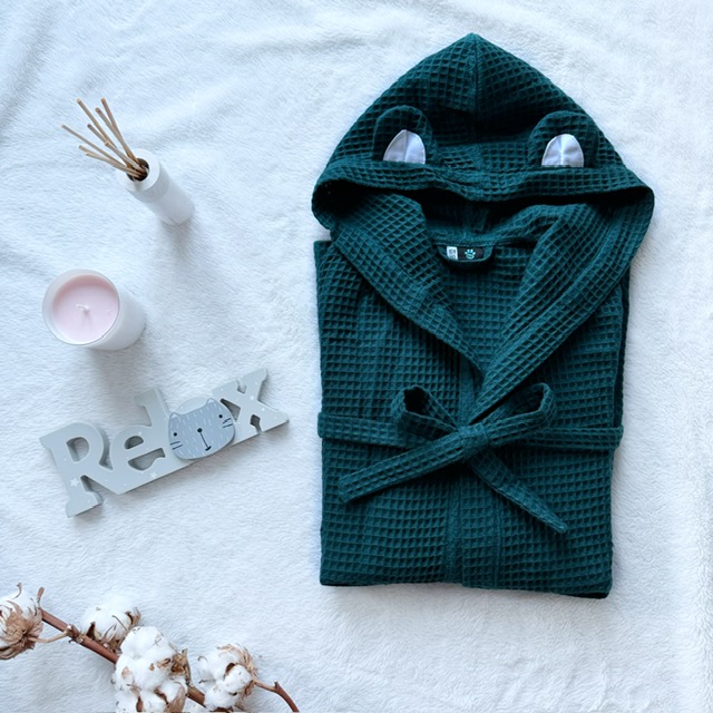 Detský župan s kapucňou a uškami smaragdový