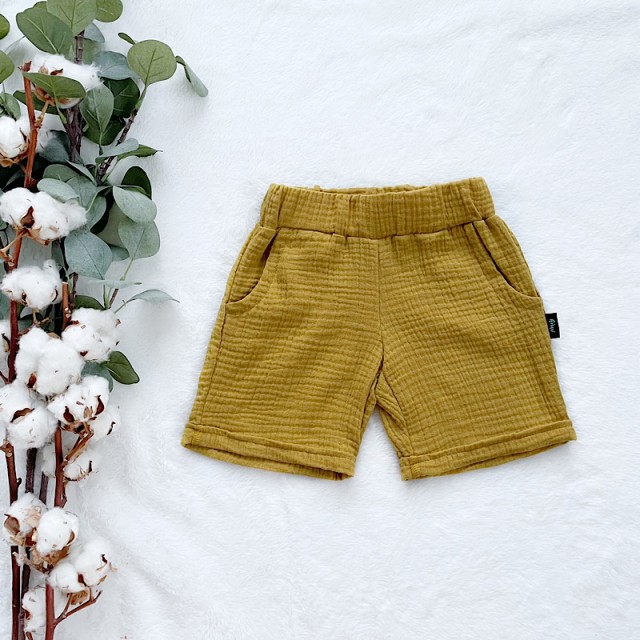 Detské letné mušelínové bermudy horčicové