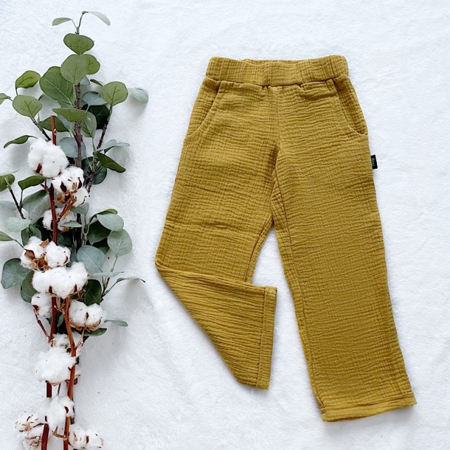 Detské letné mušelínové nohavice horčicové