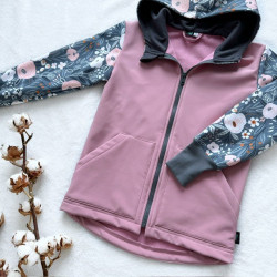 Detská softshellová bunda staroružová RUŽOVÉ KVETY NA ŠEDOM