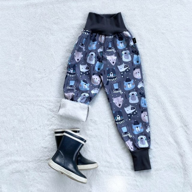 Detské zimné zateplené softshellové nohavice s barančekom MEDVEDÍKY